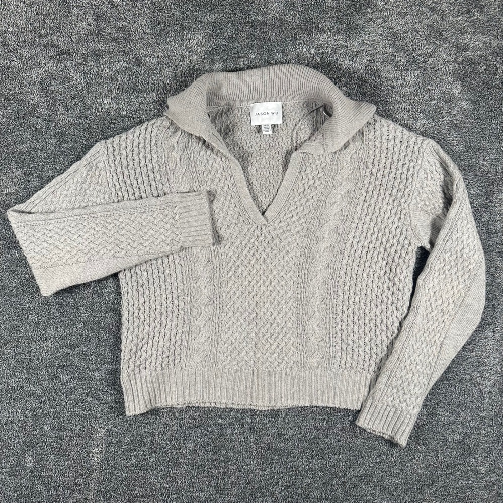 Jason Wu Sweater Womens Medium Gray Cable Knit V-Neck Collared Pullover Cotton